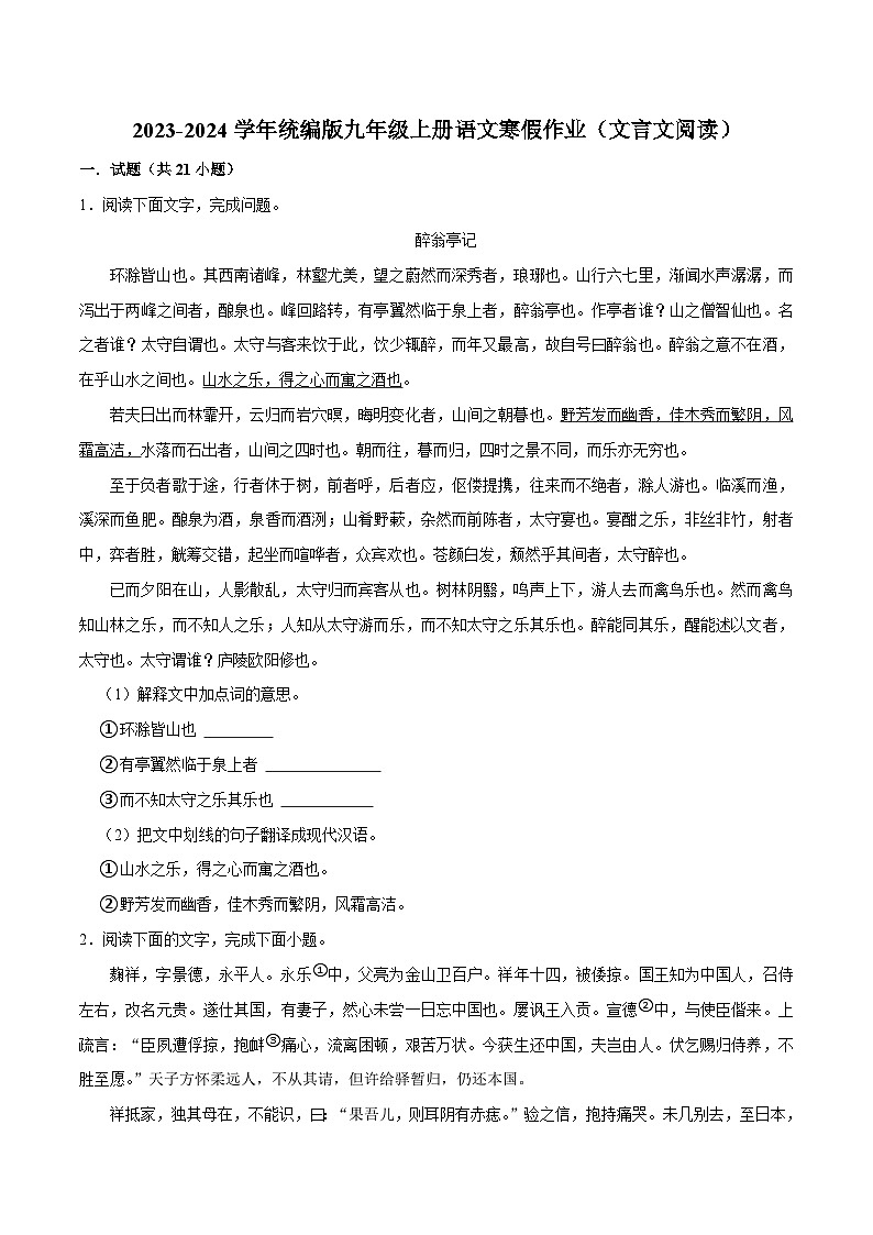 08寒假作业（文言文阅读）-2023-2024学年九年级上册语文寒假作业专题(全国通用)01