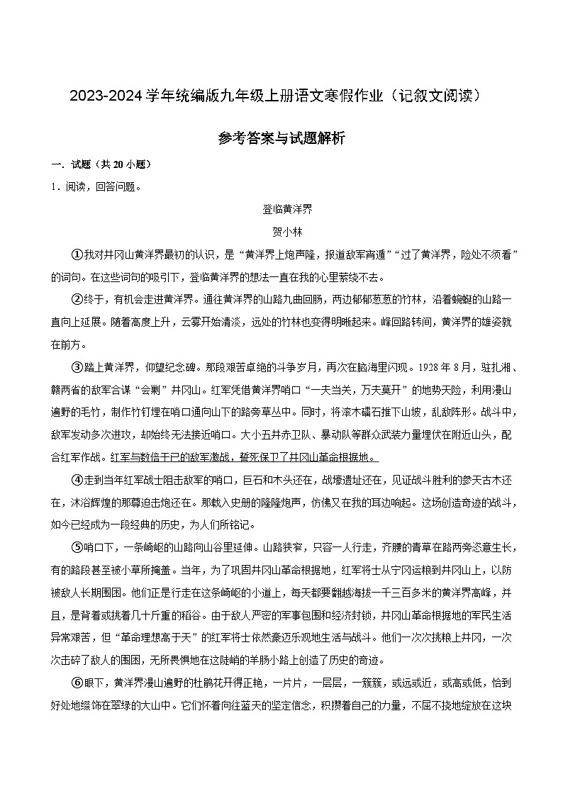 11寒假作业（记叙文阅读）-2023-2024学年九年级上册语文寒假作业专题(全国通用)01