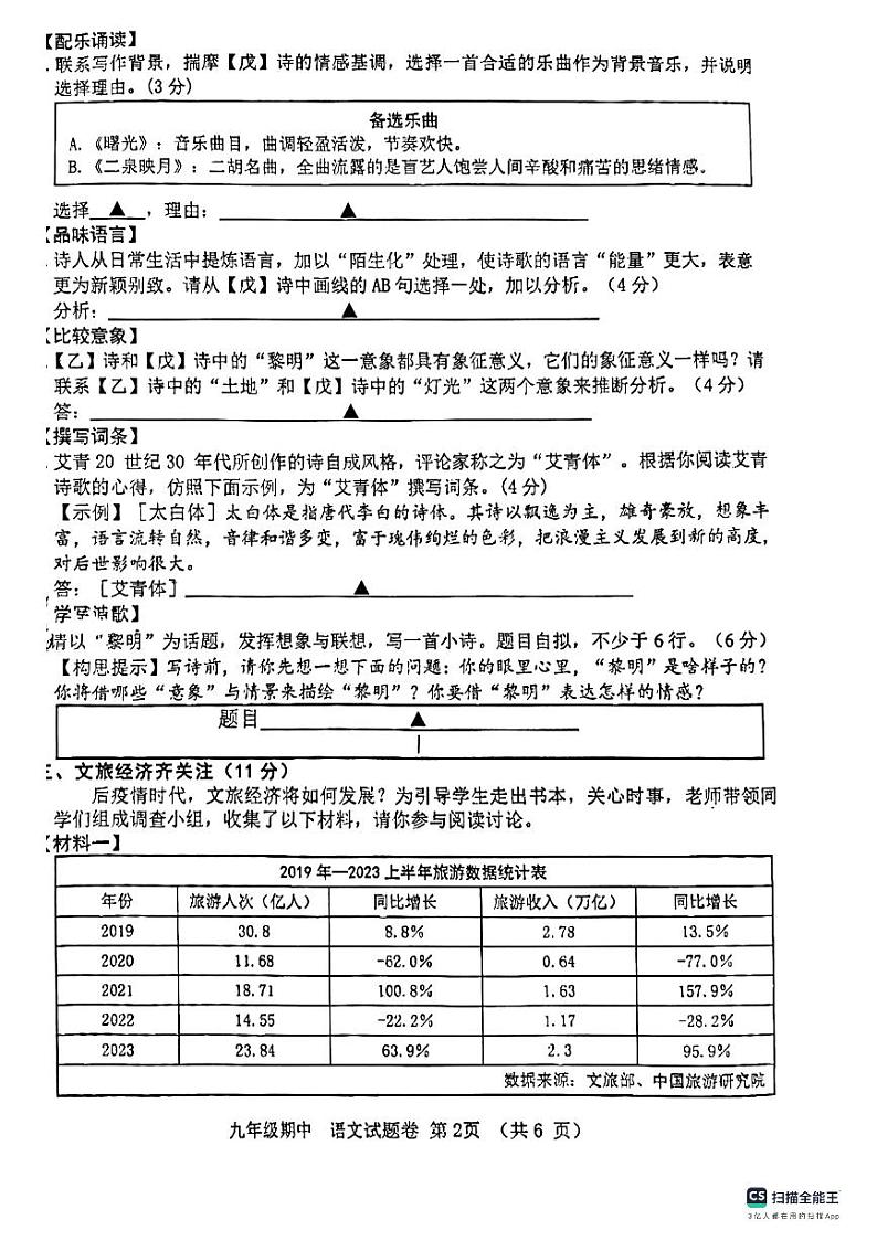 浙江省绍兴市上虞全区2023—2024学年九年级上学期期中考试语文试题02