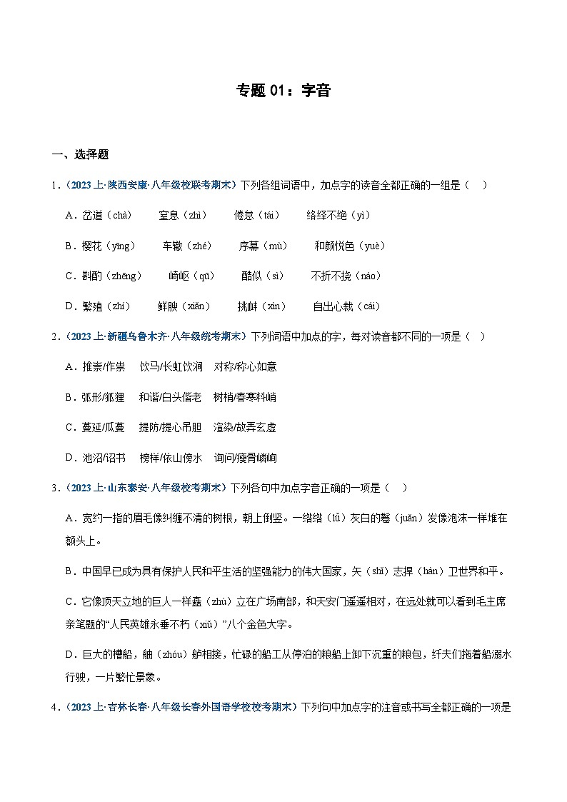 专题01：字音-2023-2024学年八年级上册语文期末专项复习热点题型01