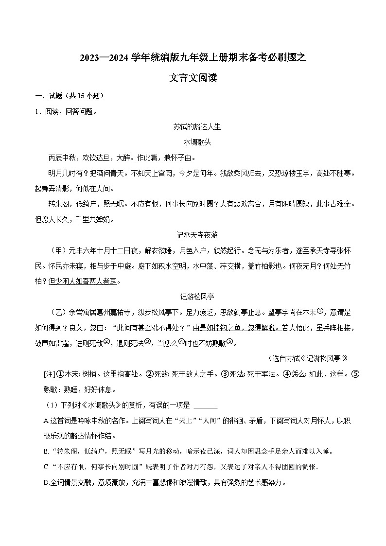 07文言文阅读-2023-2024学年九年级上学期语文期末复习热点题型（全国通用）01
