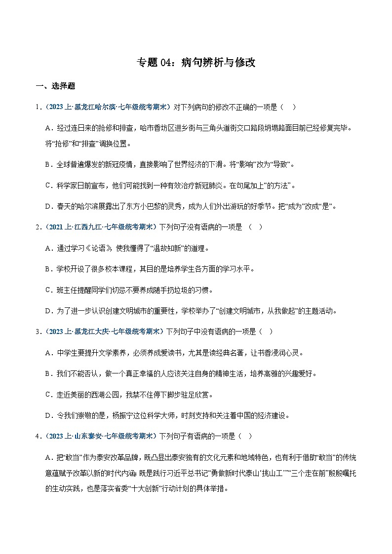 专题04：病句辨析与修改-2023-2024学年七年级上册语文期末专项热点必刷100题（原卷版）第1页