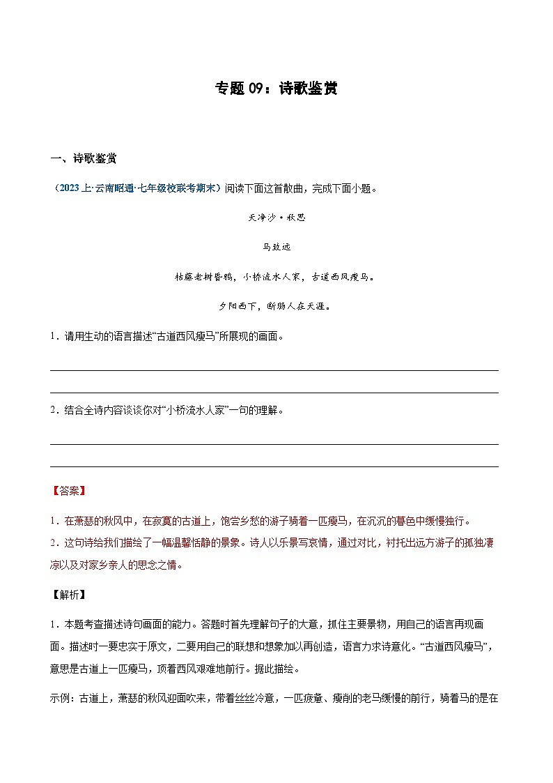 专题09：诗歌鉴赏-2023-2024学年七年级上册语文期末专项复习热点题型01