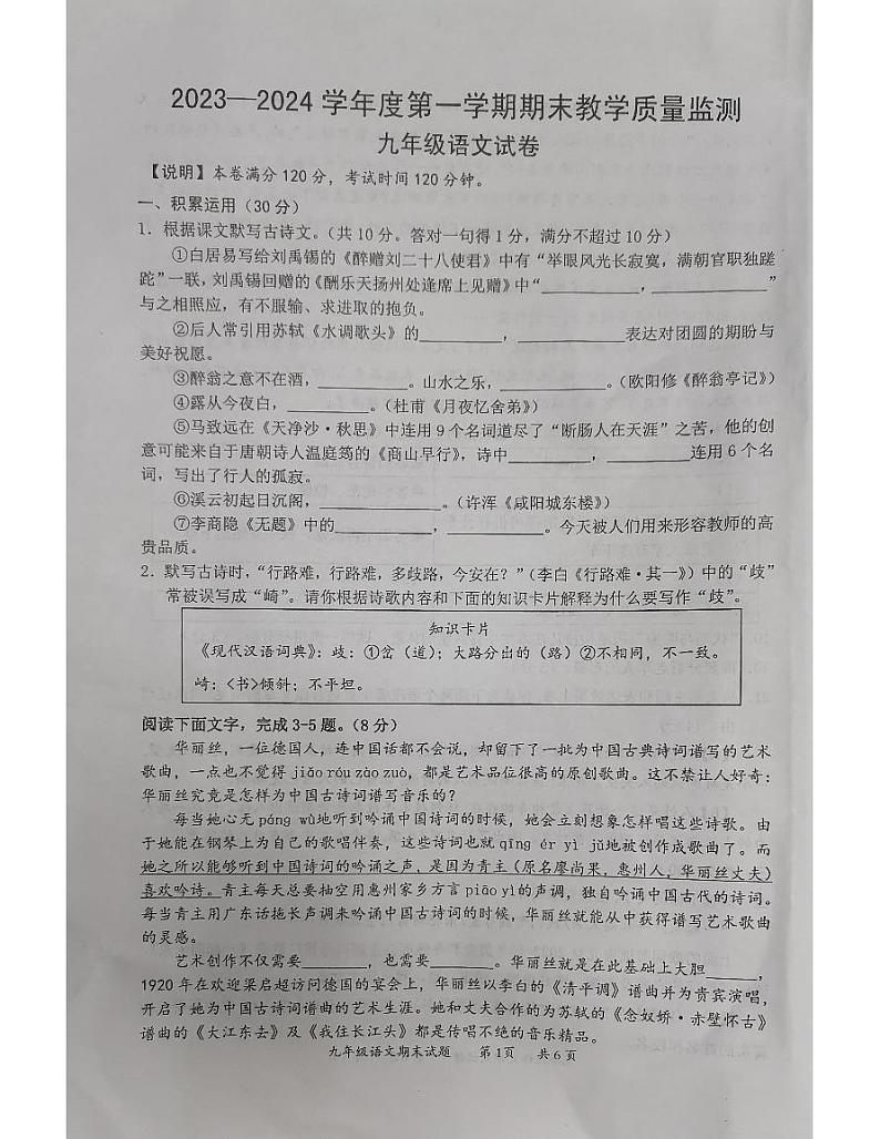 广东省惠州市惠阳区2023-2024学年九年级上学期期末教学质量监测语文试卷01