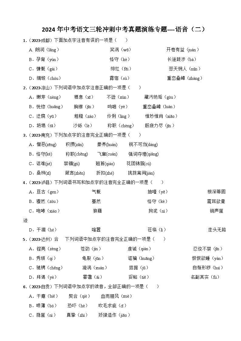 2024年中考语文三轮冲刺中考真题演练专题----语音（二）（试题）第1页