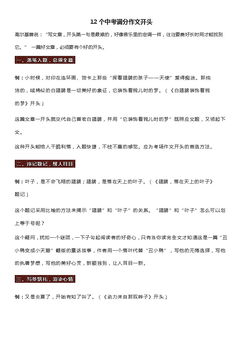 中考语文复习专题精讲+12个中考满分作文开头第1页