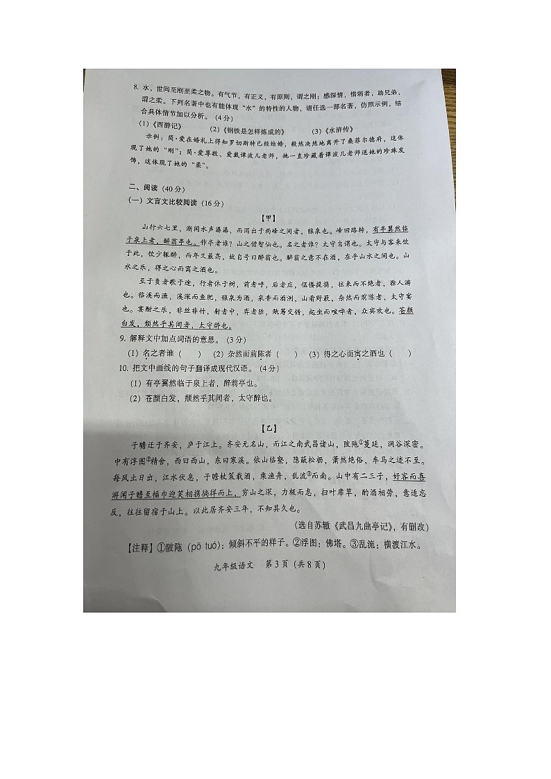 广东省乐昌市第一中学2023-2024学年九年级上学期期末考试语文试题第3页