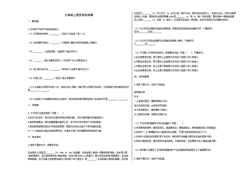 部编版九年级语文上册期末试卷01