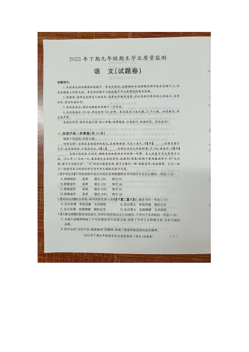 湖南省永州市新田县2023-2024学年九年级上学期期末考试语文试题01