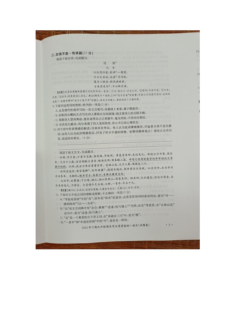 湖南省永州市新田县2023-2024学年九年级上学期期末考试语文试题03