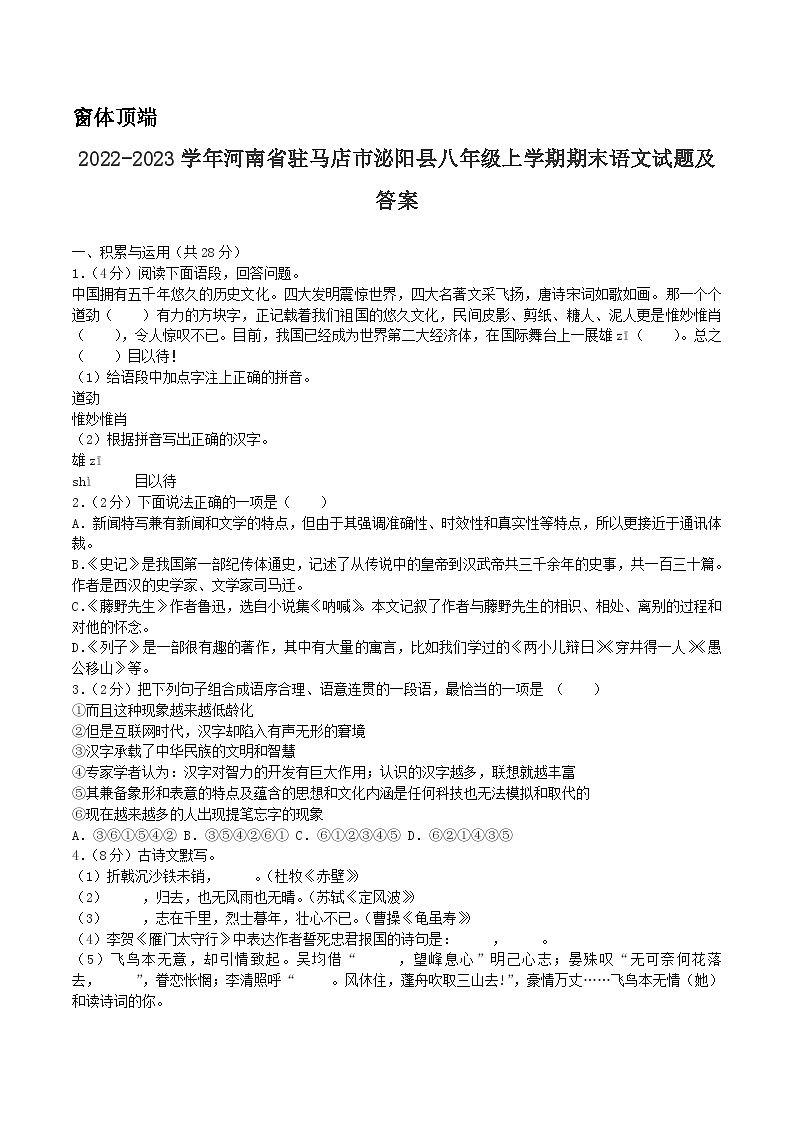 2022-2023学年河南省驻马店市泌阳县八年级上学期期末语文试题及答案01