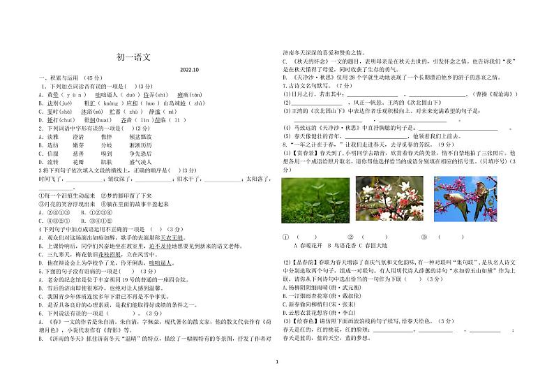 山东省德州市齐河县胡官屯镇中学2022-2023学年度第一学期第一次月考7年级语文试题及答案第1页