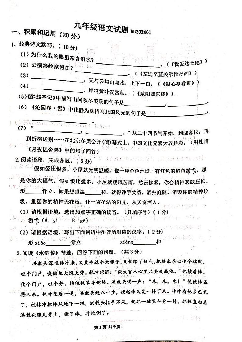 陕西省宝鸡市渭滨区2023-2024学年九年级上学期期末考试语文试题01