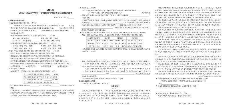 河南省洛阳市伊川县2022—2023学年第一学期期末七年级语文质量检测试卷（人教版）含答案01