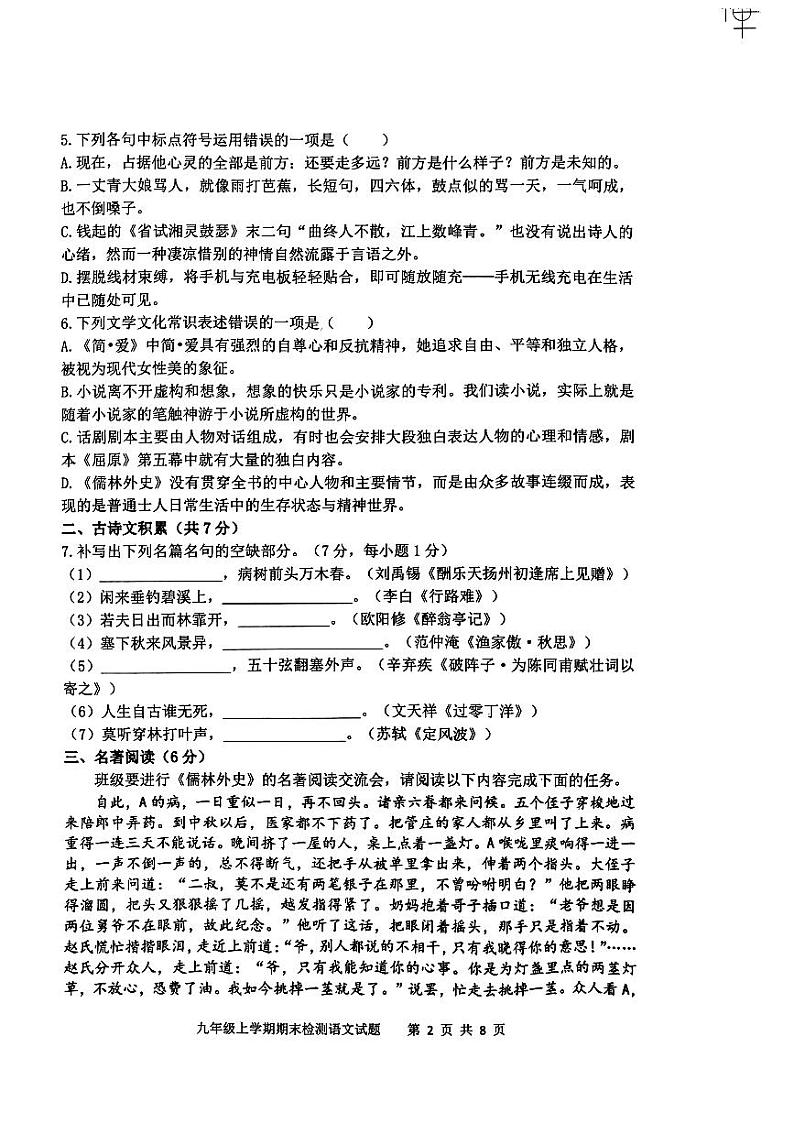 山东省泰安市新泰市2023-2024学年九年级上学期期末检测语文试卷02