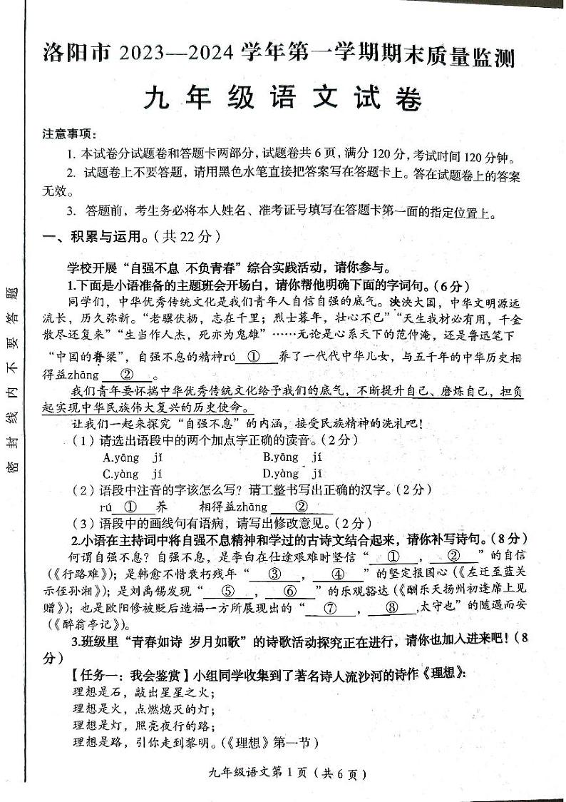河南省洛阳市2023-2024学年九年级上学期1月期末考试语文试题01