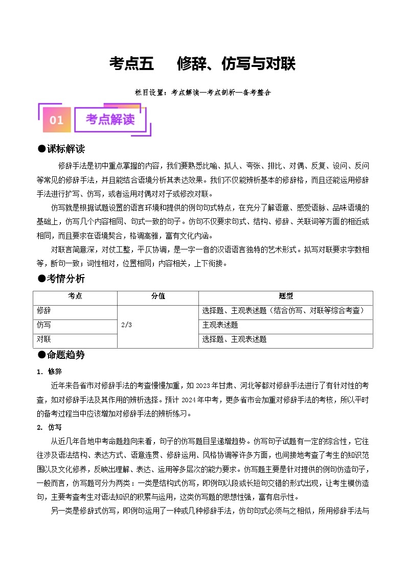 考点五+修辞、仿写与对联（重难讲义）-备战2024年中考语文一轮复习考点帮（全国通用）01