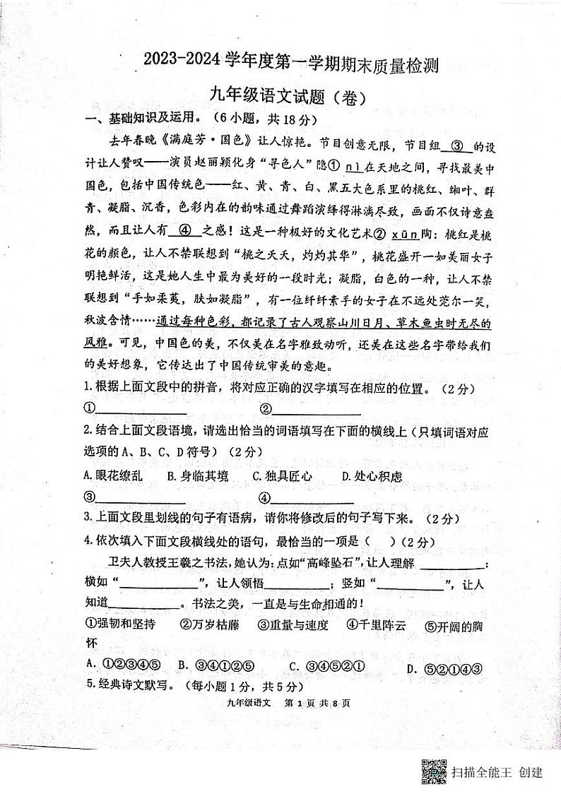 陕西省宝鸡市凤翔区2023-2024学年九年级上学期期末考试语文试题01