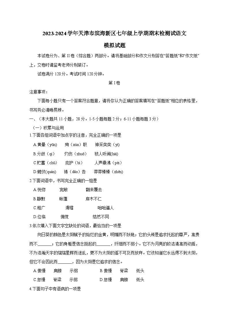 2023-2024学年天津市滨海新区七年级上册期末检测试语文模拟试题（附答案）01