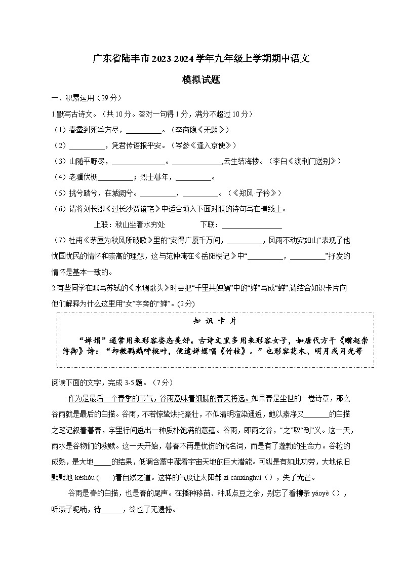 广东省陆丰市2023-2024学年九年级上册期中语文模拟试题（附答案）第1页