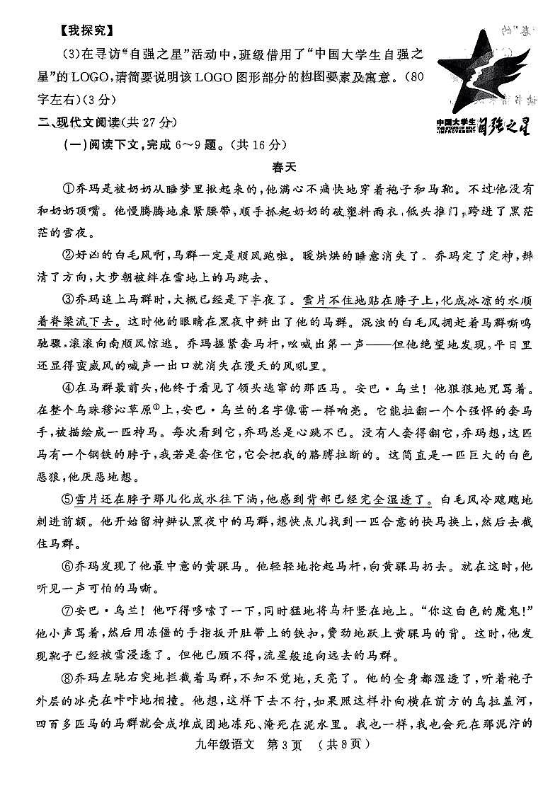 驻马店市2023-2024学年九年级上期末语文试卷03