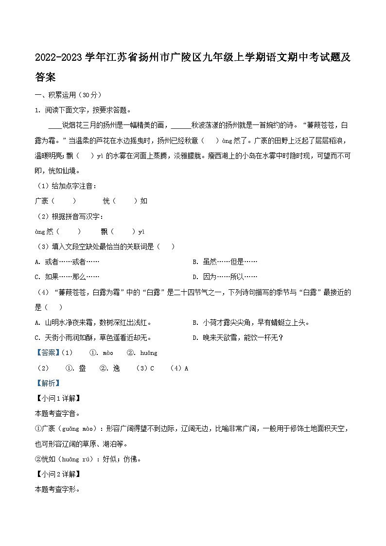 2022-2023学年江苏省扬州市广陵区九年级上学期语文期中考试题及答案01