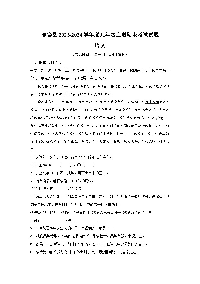 广西壮族自治区柳州市鹿寨县2023-2024学年九年级上册期末语文试题（含解析）01