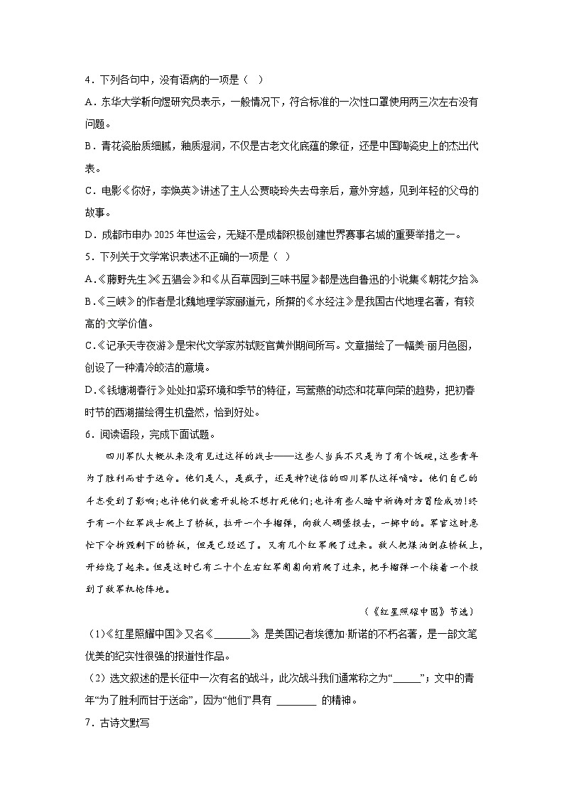 四川省泸县第五中学2022-2023学年八年级上册期末语文试题（含解析）第2页
