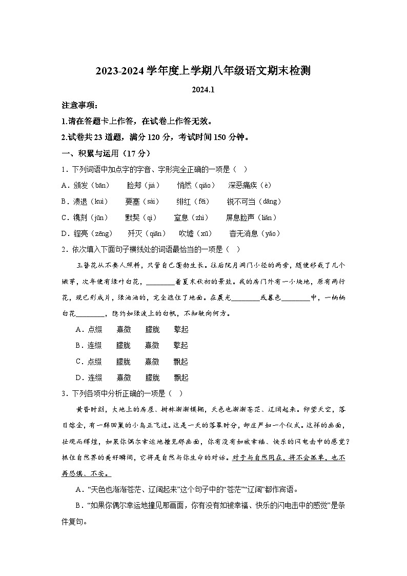 辽宁省大连市瓦房店2023-2024学年八年级上册期末语文试题（含解析）01