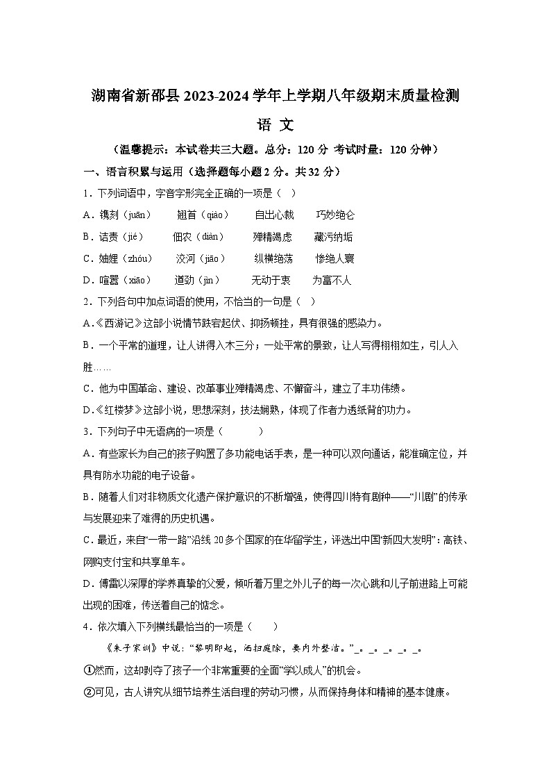 湖南省新邵县2023-2024学年八年级上册期末语文试题（含解析）第1页