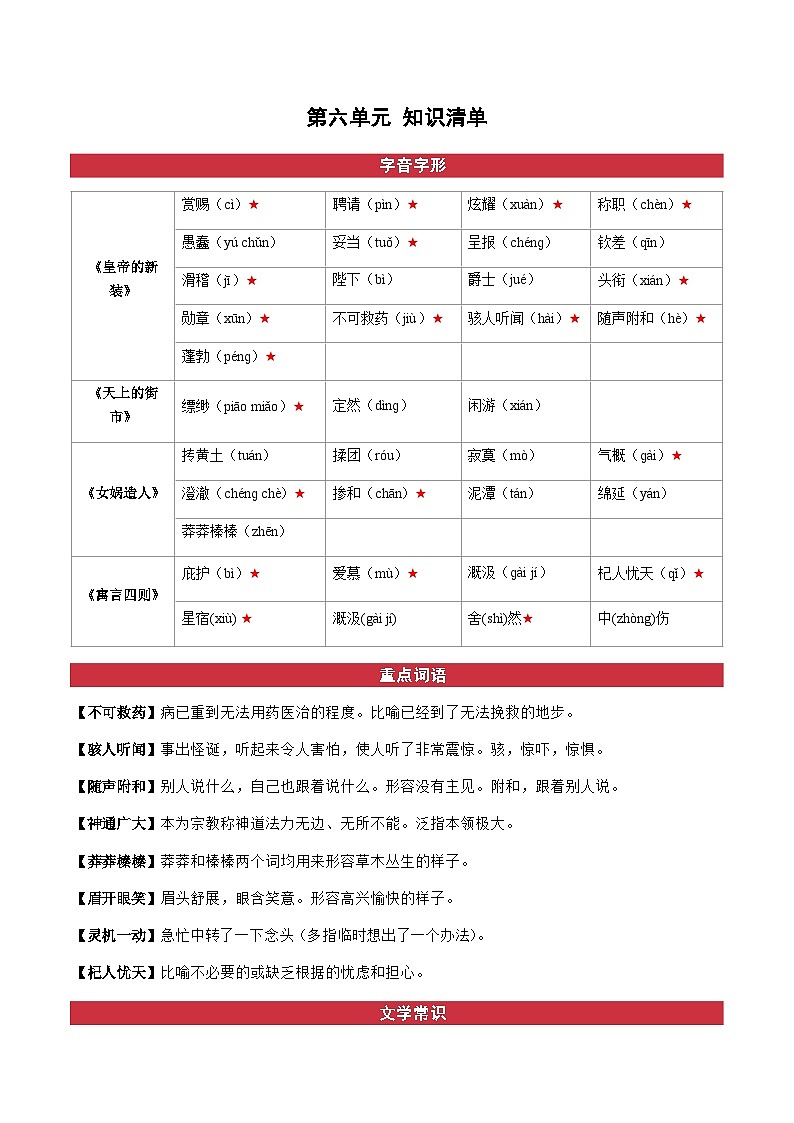 第六单元（知识清单）-2024-2025学年七年级语文上册同步备课精品课件+导学案+教学设计+同步练习（部编版）01