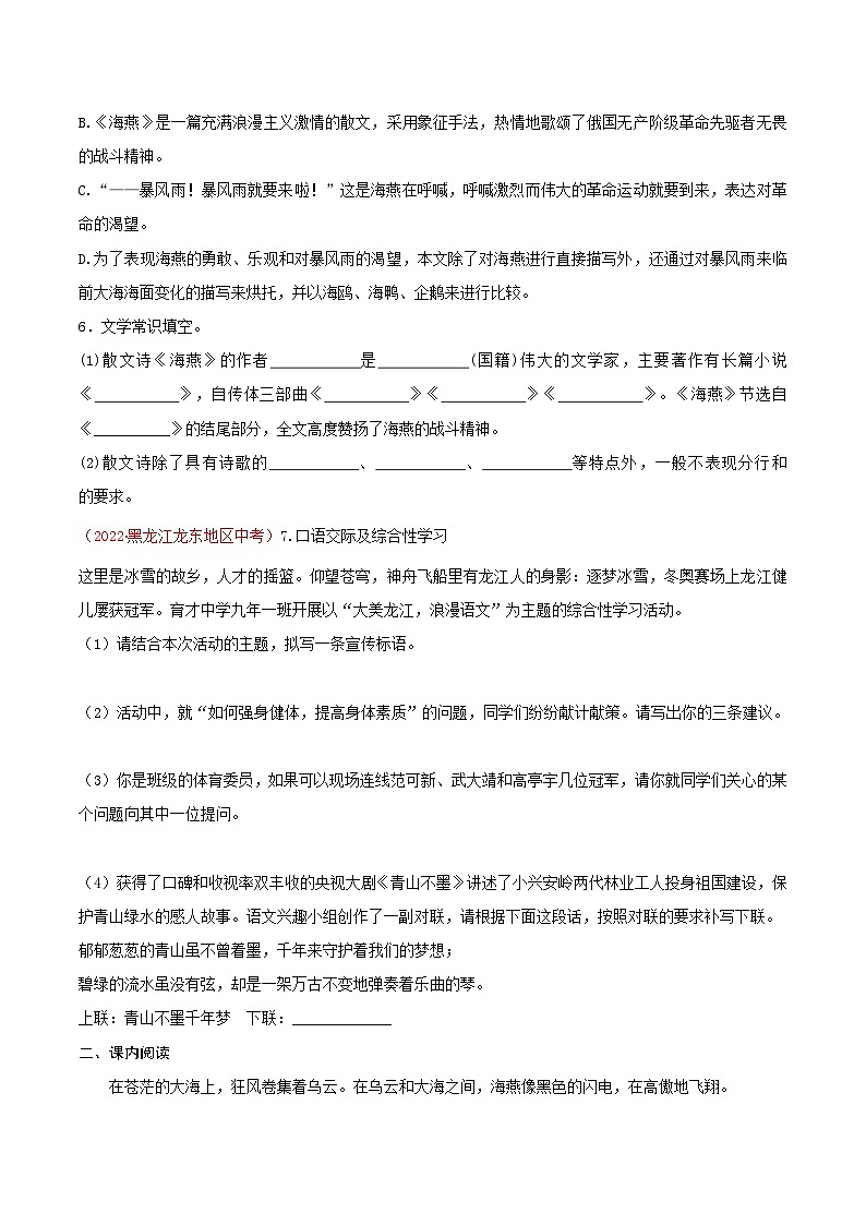 第4课《海燕》（分层练习）-九年级语文下册同步备课系列（部编版）原卷版 第2页