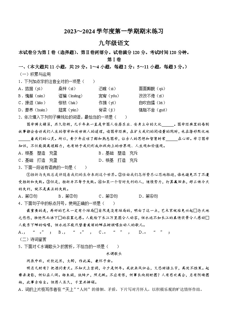 天津市宁河区2023-2024学年九年级上学期学期期末语文试题01