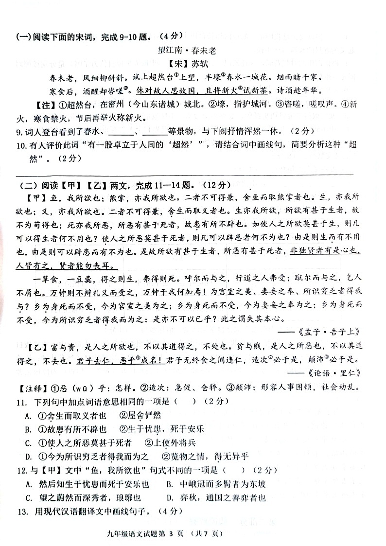 山东省菏泽市单县2023-2024学年九年级上学期1月期末语文试题03