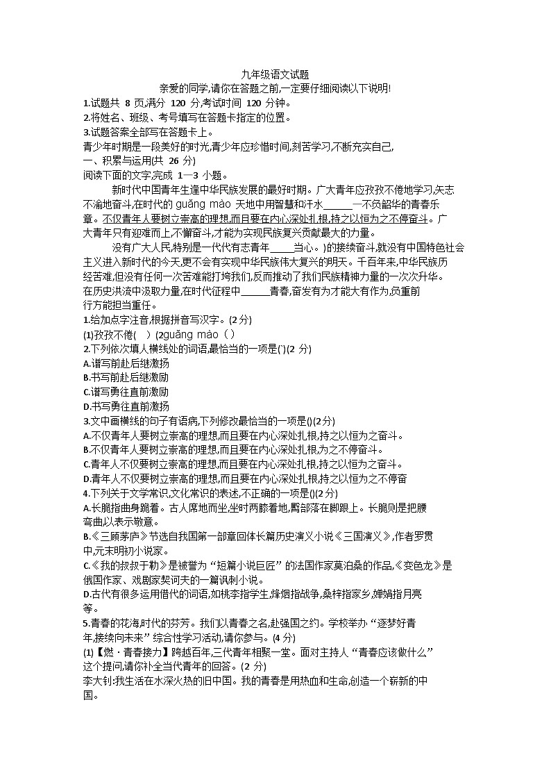 山东省聊城市莘县2023-2024学年九年级上学期期末考试语文试题01