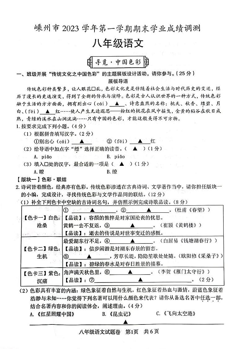 浙江省嵊州市2023-2024学年八年级上学期期末学业成绩调测语文试卷01