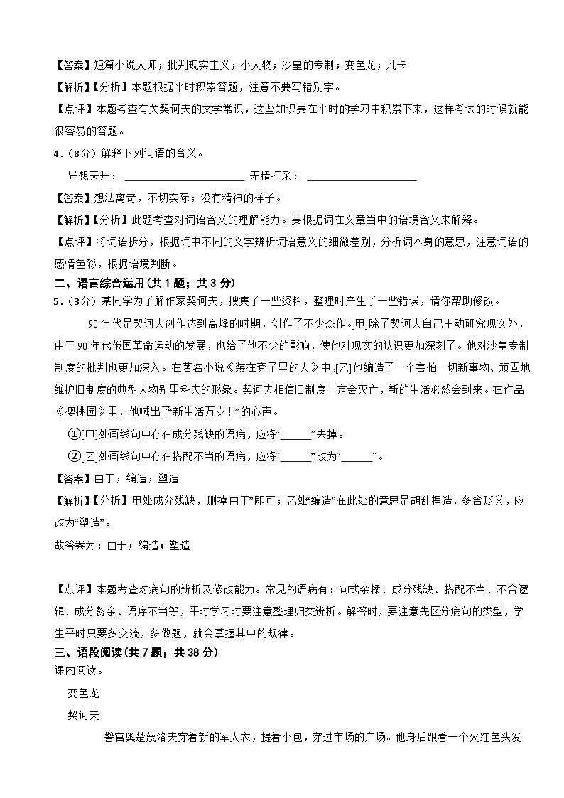 部编版2023-2024学年九年级下学期语文第6课《变色龙》同步练习（基础卷） (文字版，带解析)02