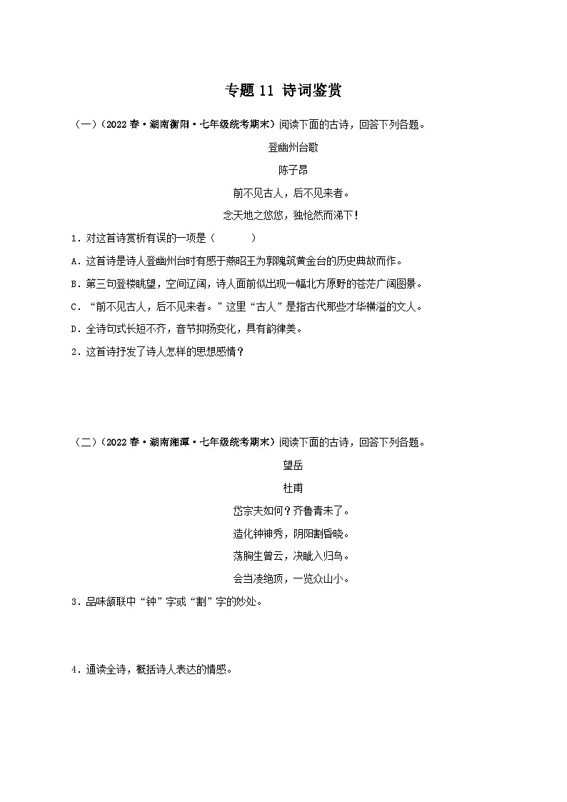专题11：诗词鉴赏－七年级语文下学期期末备考专题复习（湖南专用）第1页