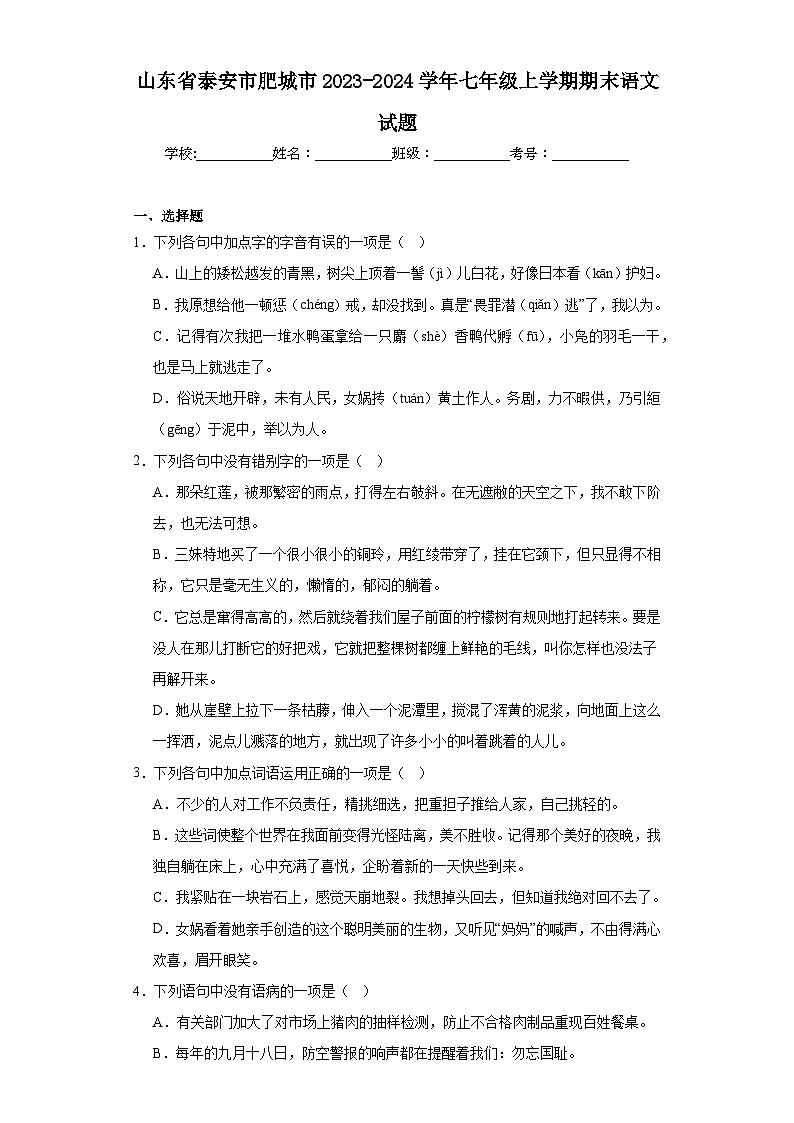 山东省泰安市肥城市2023-2024学年七年级上学期期末语文试题(含答案)第1页