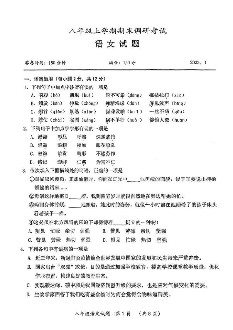 湖北省武汉市新洲区2022-2023学年上学期期末八年级语文试题01