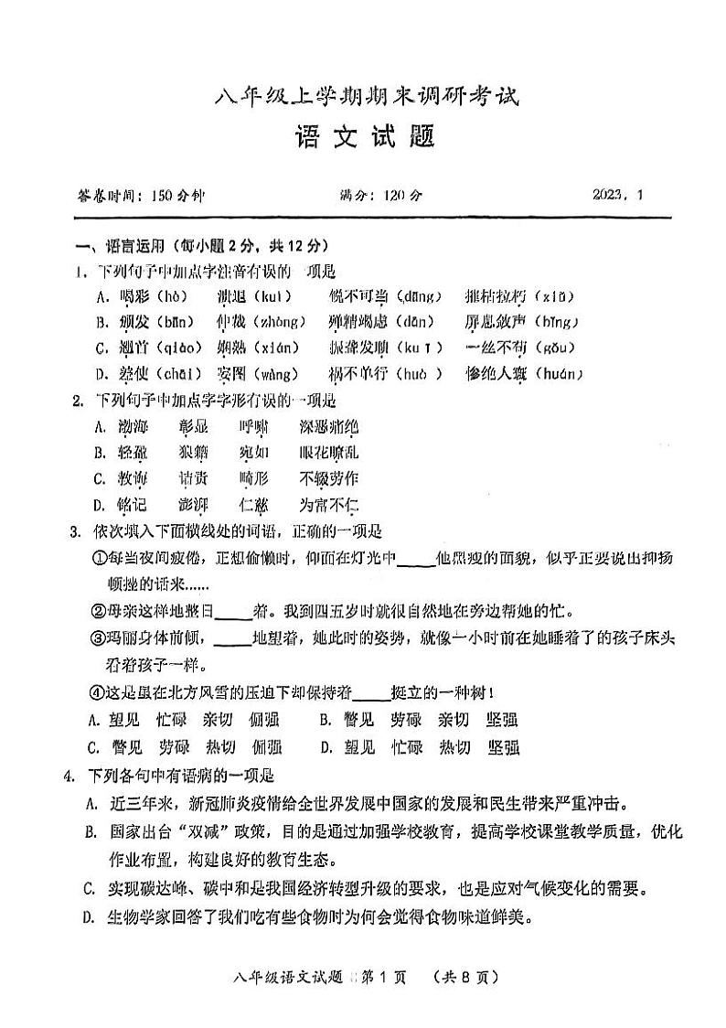 湖北省武汉市新洲区2022-2023学年上学期期末八年级语文试题01