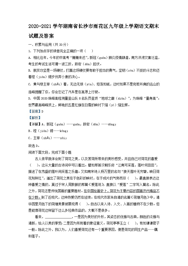 2020-2021学年湖南省长沙市雨花区九年级上学期语文期末试题及答案01