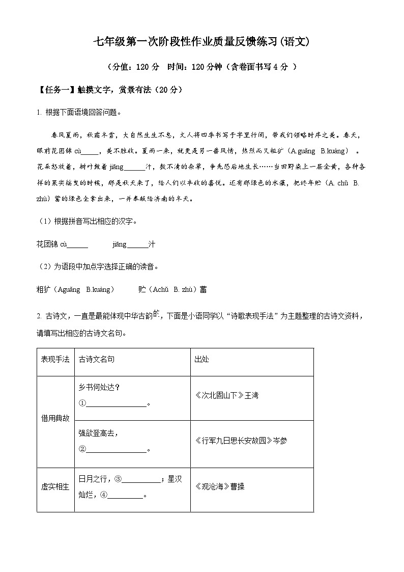 浙江省台州市书生中学2023-2024学年七年级上学期第一次月考语文试题01