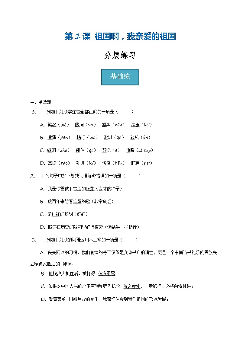 【分层练习】统编版 初中语文 九年级下册第1课《祖国啊，我亲爱的祖国》（分层练习）01