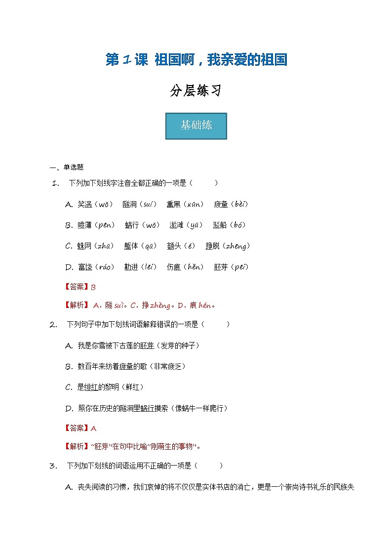 【分层练习】统编版 初中语文 九年级下册第1课《祖国啊，我亲爱的祖国》（分层练习）01