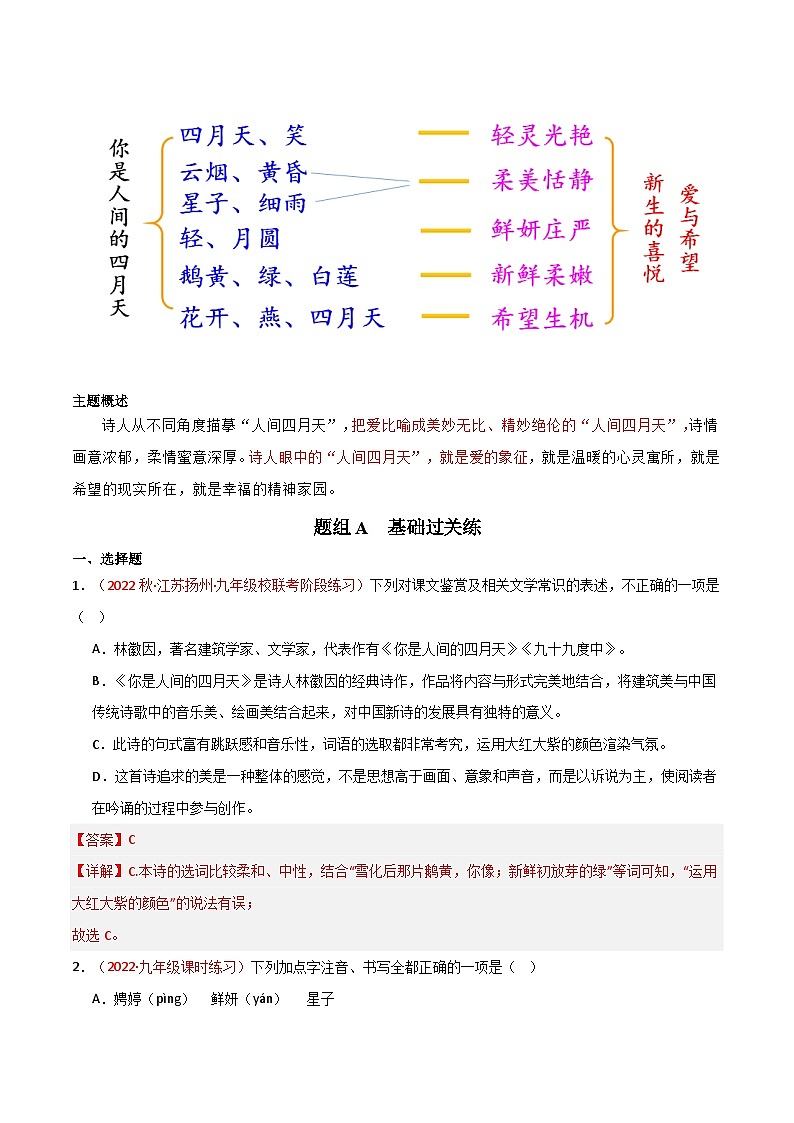 【巩固训练】人教版 初中语文 九年级上册 第5课  你是人间的四月天-同步练习03