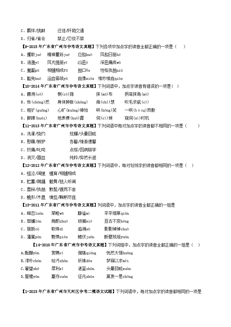 专题01 字音-备战中考语文专项精练（广东广州专用） （原卷版）第2页