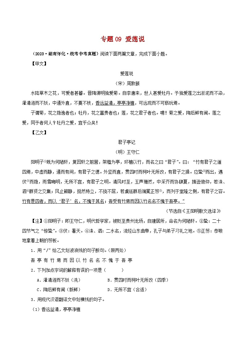 专题09 爱莲说－备战2024年中考语文之文言文对比阅读（全国通用）01