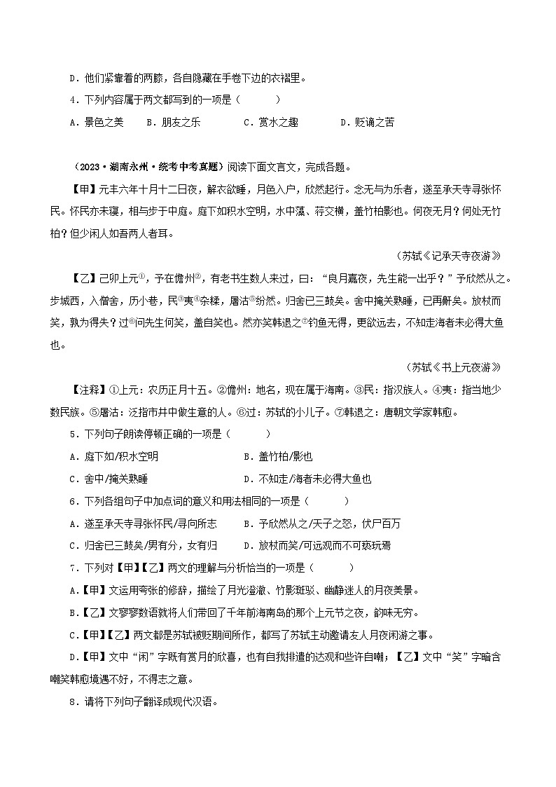 专题14 记承天寺夜游（原卷版）－备战2024年中考语文之文言文对比阅读（全国通用）第2页