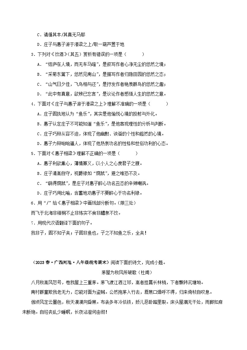 专题28 庄子与惠子游于濠梁之上-备战2024年中考语文之文言文对比阅读（全国通用）02